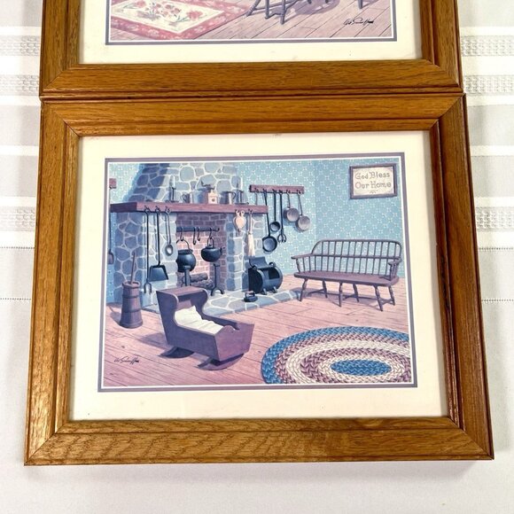 VTG 80s Sarnoff Litho USA Primitive Country Kitchen Prints Set of 2 Oak Frame - Picture 3 of 10